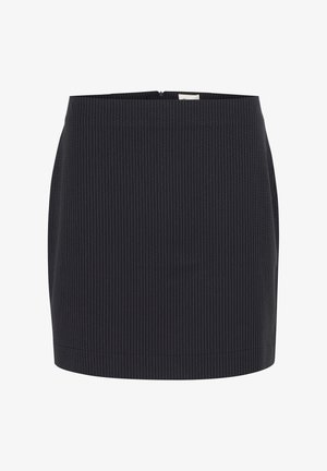 Dunkelblaue Rock mit vertikalen weißen Streifen, schmaler Schnitt, glatte Textur und Reißverschluss hinten, am unteren Rand gesäumt.