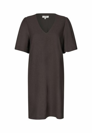 Short dark brown dress with V-neckline and short puffed sleeves.