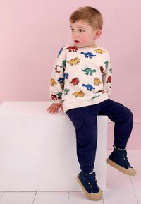 Un pull léger beige avec des imprimés de dinosaures multicolores, associé à un pantalon cargo bleu marine et des baskets bleues marines avec des semelles beiges. Fond rose.