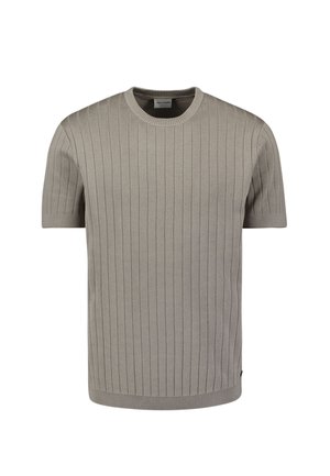 Korte mouwen, ronde hals trui in lichtgrijs, met verticale ribbelstructuur en ribbelzoom. De stof heeft een soepele, gebreide uitstraling.
