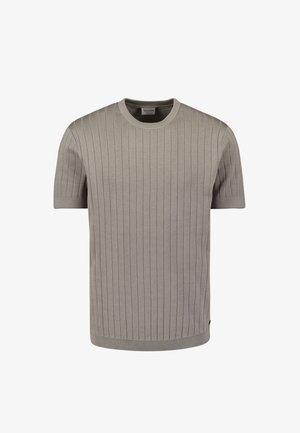 Korte mouwen, ronde hals trui in lichtgrijs, met verticale ribbelstructuur en ribbelzoom. De stof heeft een soepele, gebreide uitstraling.