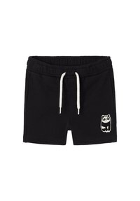 Black cotton shorts with an elastic waistband and white drawstring. Features a small embroidered panda design on the left leg.