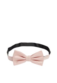 Rosa satinfluga med en texturerad yta, med en central knut och ett svart justerbart band. Klara linjer och klassisk design.
