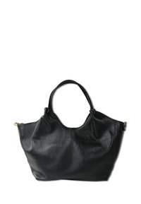 Zwarte leren tote bag met een gestructureerde afwerking. Voorzien van twee stevige handvatten en een brede opening. Minimalistisch ontwerp, geen zichtbare hardware.