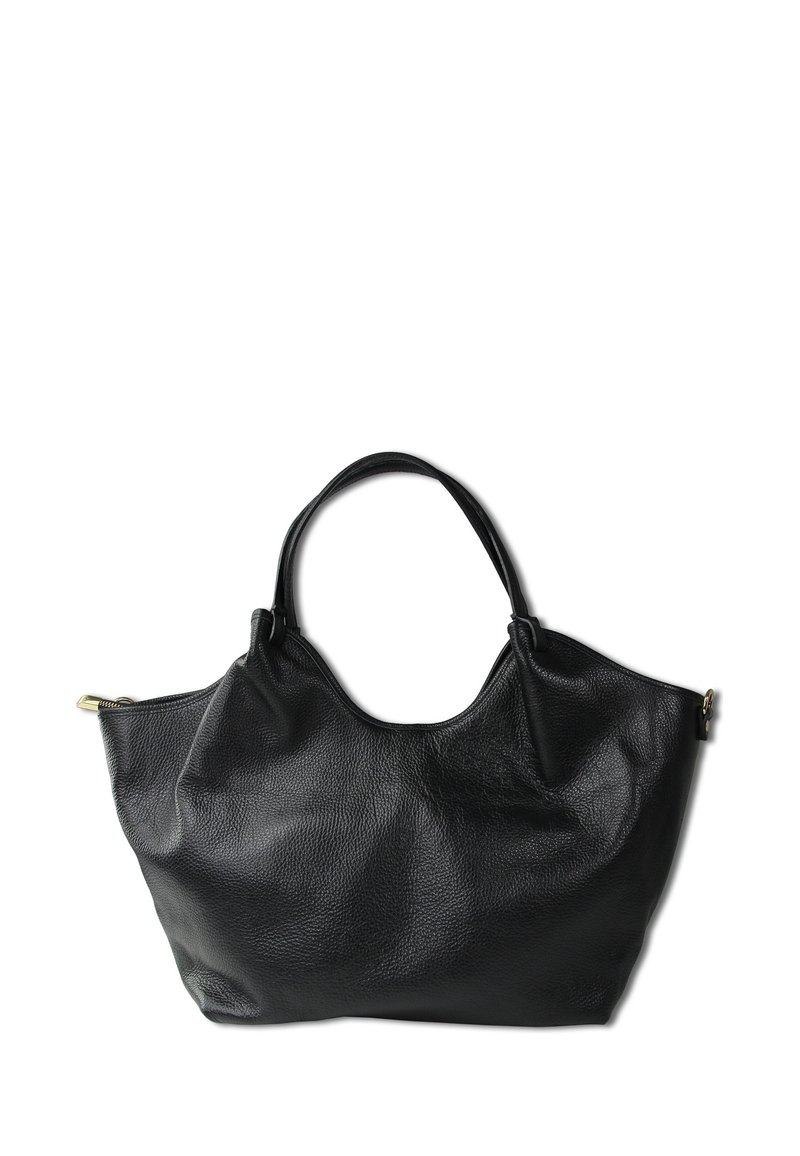 Zwarte leren tote bag met een gestructureerde afwerking. Voorzien van twee stevige handvatten en een brede opening. Minimalistisch ontwerp, geen zichtbare hardware.