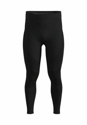 Black athletic leggings featuring a textured design, high waistband, and mesh accents for breathability and flexibility.