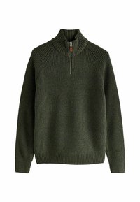 Pull en maille vert foncé avec un col haut à côtes et une fermeture éclair de longueur quart. Présente des manches raglan ainsi qu'un ourlet et des poignets côtelés.