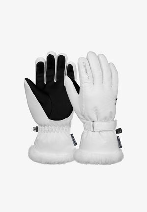 Weiße Handschuhe aus Schnee mit schwarzen Lederhandflächen, Fellbesatz am Handgelenk, verstellbarem Riemen und genähten Details auf der Rückseite.