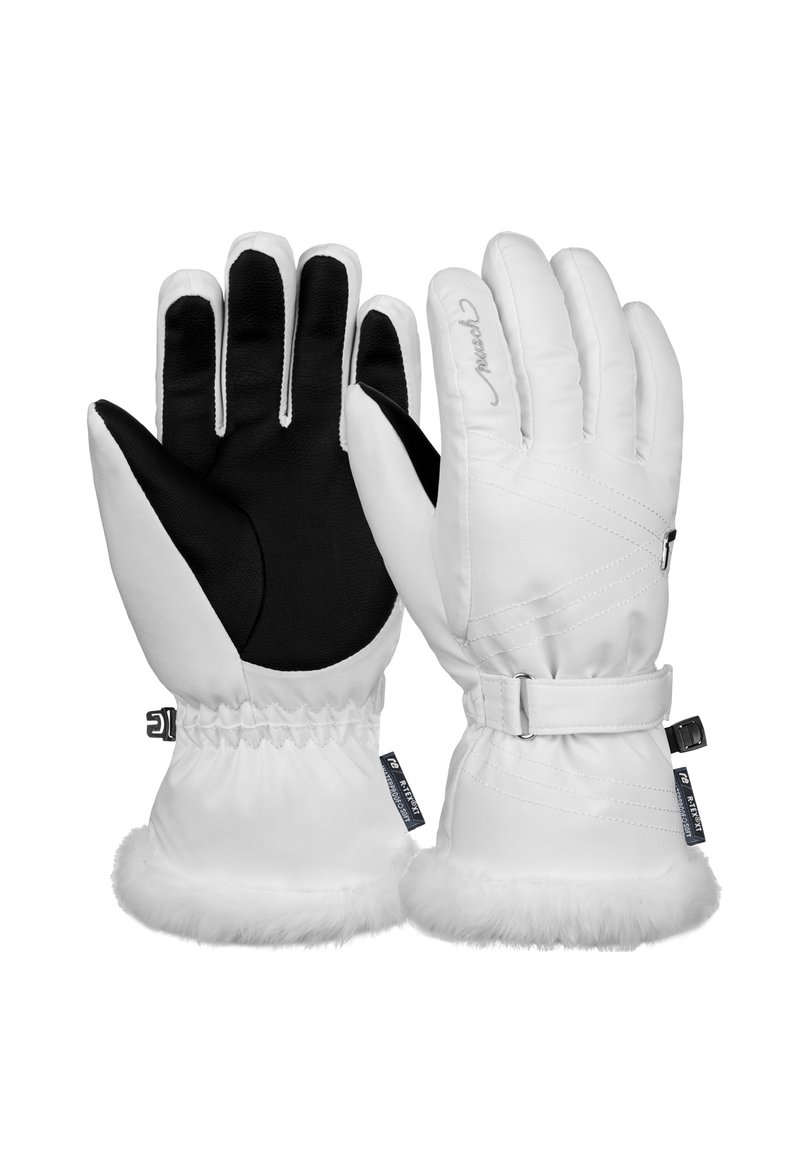 White snow gloves with black leather palms, fur trim at the wrist, adjustable strap, and stitched detailing on the back.