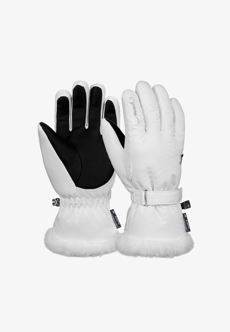 White snow gloves with black leather palms, fur trim at the wrist, adjustable strap, and stitched detailing on the back.