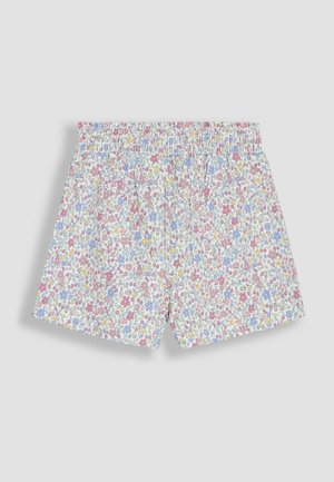 Sorturi cu un model floral pe un fundal alb, având flori roz, albastre și galbene. Talie elastică, croi lejer, material ușor.