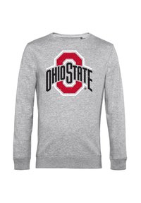 Grijze sweatshirt met lange mouwen, voorzien van een groot zwart en rood Ohio State-logo in het midden. Gemaakt van zachte stof met geribbelde manchetten.