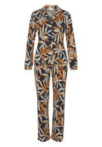 Dugi rukav pijama set u tamnoplavoj boji s cvjetnim uzorkom u narančastoj i krem boji. Košulja na dugmad s ovratnikom i hlače ravnog kroja. Pamuk.