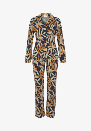 Conjunto de pijama de manga larga en azul marino con un patrón floral en naranja y crema. Camisa con botones y cuello, y pantalones rectos. Material de algodón.