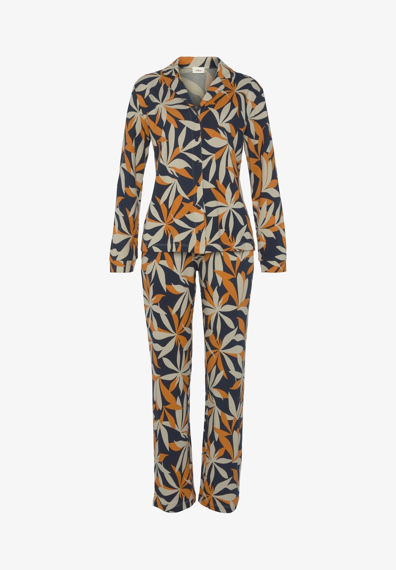 Dugi rukav pijama set u tamnoplavoj boji s cvjetnim uzorkom u narančastoj i krem boji. Košulja na dugmad s ovratnikom i hlače ravnog kroja. Pamuk.