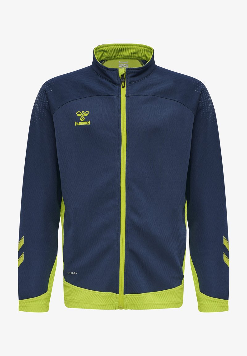 Marinblå zip-up jacka med limegröna detaljer, med en texturerad mesh-krage, logotyp på bröstet och kontrasterande sidor.