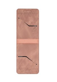 Pink leather wallet with a smooth texture, featuring two card slots and a central pocket. Simple and functional design.