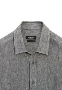 Gray linen shirt with a button-down collar, single pocket, and black buttons. Fabric features a subtle textured pattern. Brand label visible.