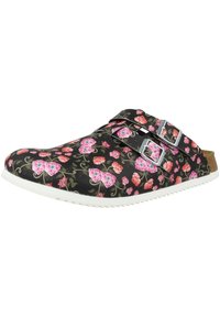 Schwarze Clogs mit pinkem Blumendesign, ausgestattet mit doppelten silbernen Schnallen. Strukturiertes Obermaterial mit gummierter weißer Sohle und verstärkter Zehenpartie.