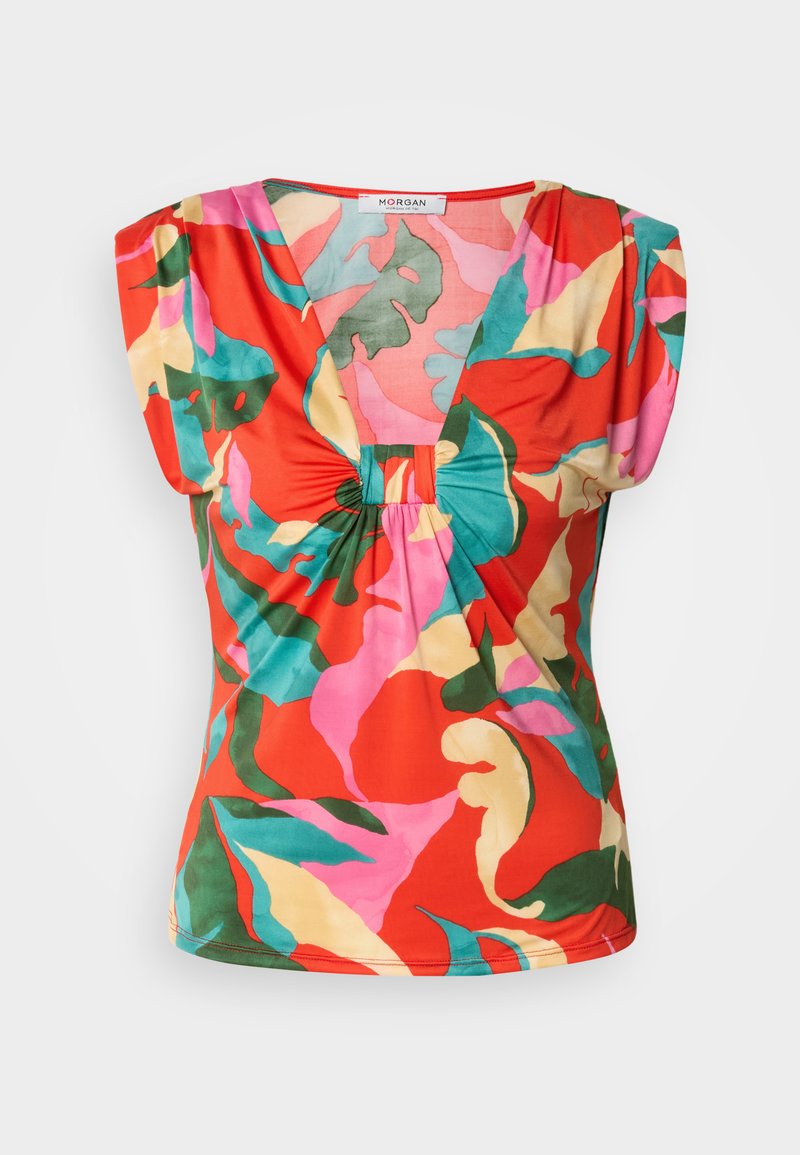 Kleurige bloemenblouse met een diepe V-hals, geplooide details in het midden, korte mouwen en een levendige mix van rood, groen en roze.