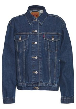 Veste en denim bleu foncé à manches longues, fermeture avant à boutons, deux poches poitrine à rabat boutonné, et étiquette de marque Levi's visible à l'intérieur du col.