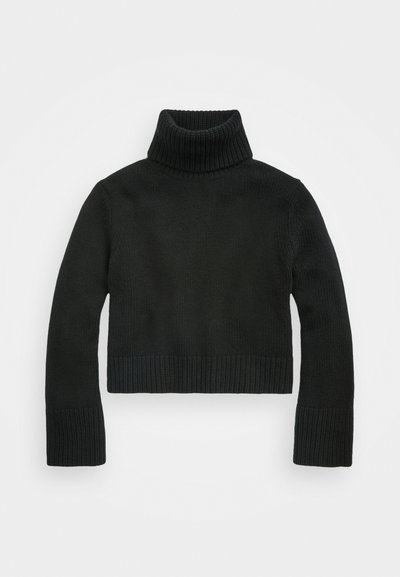 Sort cropped sweater med ribbet høj hals, lange ærmer og tekstureret strikstof. Har ribbing ved manchetter og kant.