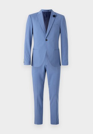 Lichtblauw pak met een enkelknopen jasje, notch revers en een slim fit. Voorzien van een borstzak en strakke, taps toelopende broeken. Gladde textuur.