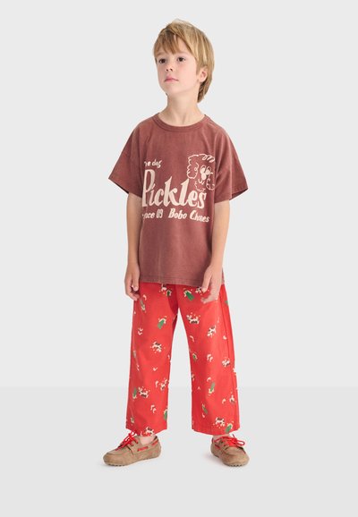 Ragazzo giovane in piedi che indossa una maglietta marrone con la scritta "Pickles" e pantaloni rossi con motivi di mucca e persona, scarpe beige con lacci rossi.