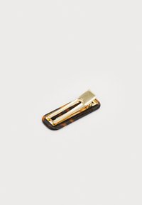 Tortoiseshell hair clip with a gold metal clasp, featuring a sleek rectangular shape and smooth texture.