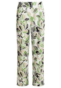 Bloemmotief broeken hebben een witte achtergrond met groene, beige en zwarte blaadjes. Het ontwerp is met een wijd been, wat zorgt voor een relaxte pasvorm.