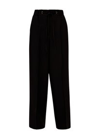 Zwarte wijde broek van zacht materiaal, met een koord tailleband met metalen oogjes en twee voorkleurplooien voor extra stijl.