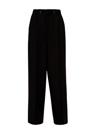 Black wide-leg pants made of soft fabric, featuring a drawstring waist with metal eyelets and two front pleats for added style.