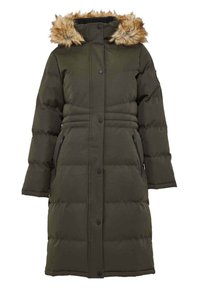 Cappotto imbottito verde oliva con cappuccio foderato in pelliccia sintetica, caratterizzato da un taglio dritto, bottoni a pressione e due tasche laterali con zip.