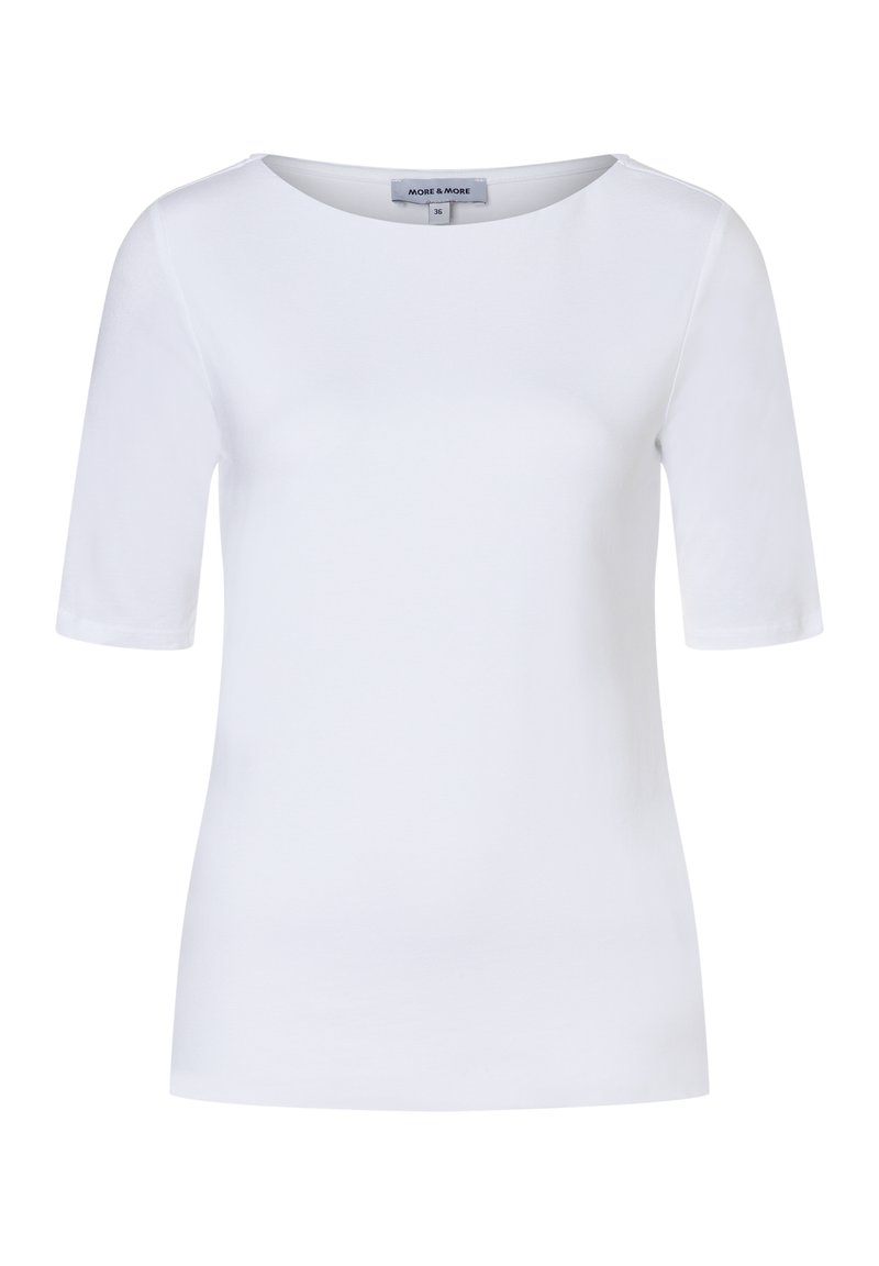 Witte T-shirt met korte mouwen, gemaakt van zachte stof. Beschikt over een ronde halslijn en een slim fit ontwerp. Etiket met de tekst "MORE & MORE," maat 36.