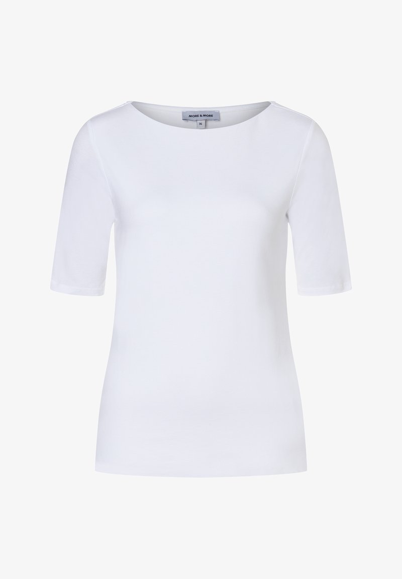 Witte T-shirt met korte mouwen, gemaakt van zachte stof. Beschikt over een ronde halslijn en een slim fit ontwerp. Etiket met de tekst "MORE & MORE," maat 36.