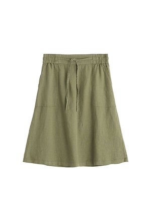 Gonna a trapezio verde oliva al ginocchio con fascia elastica in vita, coulisse frontale e due grandi tasche applicate sul davanti.