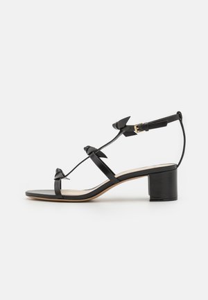 Black heeled sandals with slender straps and bow accents. Made of smooth leather, featuring a block heel and a buckle closure at the ankle.