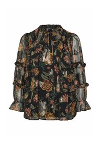 Blusa floreale in chiffon nero con rose multicolori, maniche a volants e scollatura arricciata. Tessuto morbido con un fit fluido.