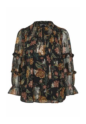 Blomstret bluse i sort chiffon med flerfarvede roser, rynkede ærmer og rynket halsudskæring. Blød tekstur med løs pasform.