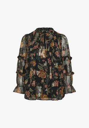 Blumenbluse aus schwarzem Chiffon mit mehrfarbigen Rosen, Rüschensleeves und gerafftem Ausschnitt. Weicher Stoff mit fließender Passform.