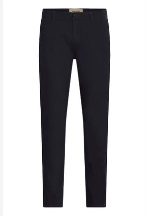 Černé slim-fit kalhoty s knoflíkem a zipem, poutky na opasek a jemnými stehmi.