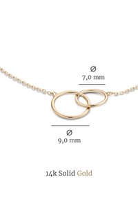 14-karaats massief gouden ketting met twee in elkaar grijpende cirkels; diameter van de grotere cirkel 9,0 mm, diameter van de kleinere cirkel 7,0 mm. Kettingdetails zichtbaar.