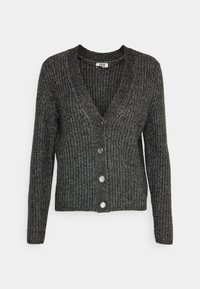 Šedý pletený cardigan s výstřihem do V, dlouhými rukávy, pěti stříbrnými knoflíky a texturovaným vzorem.