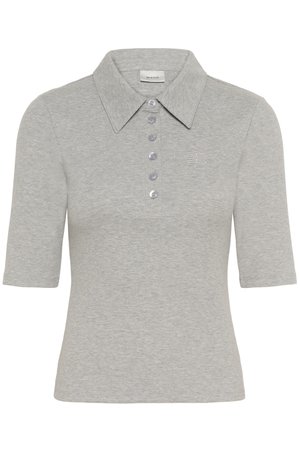 Gray ribbed polo shirt with short sleeves, a pointed collar, and six light purple buttons. Features a subtle embroidered logo on the chest.