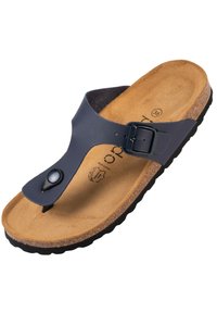 Infradito blu navy con plantare in sughero, fibbia regolabile e suola nera texturizzata. Parte superiore in sintetico liscio e soletta con marchio.