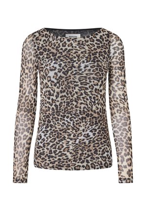 Bluză cu mânecă lungă, cu imprimeu leopard, dintr-un material subțire și transparent. Prezintă un decolteu rotund și detalii pliseuri, în nuanțe de bej, negru și maro.