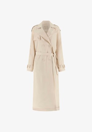 Beige, lang, dubbelgeknypte trenchcoat met brede revers, ceintuurnaad, schouderepauletten en met knopen verstelbare manchetten.