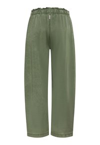 Olivově zelené široké kalhoty s elastickým pasem a hladkou texturou. Mají jednoduchý design bez dalších vzorů nebo zdobení.