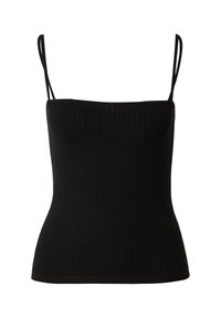 Schwarzes geripptes Tanktop mit schmalen verstellbaren Trägern, tailliertem Design und geradem Ausschnitt. Das Material wirkt glatt mit einem leichten Stretch.