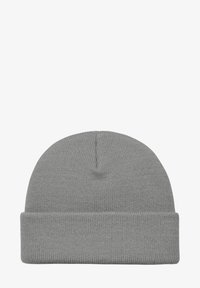 Szary dzianinowy beanie z zagiętym mankietem, z teksturowanym rypsowym wzorem i gładkim wykończeniem, widoczny detal szwu górnego, swobodny design.